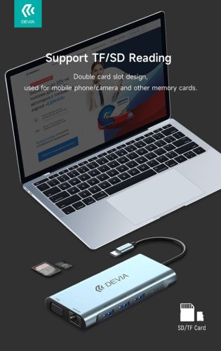 Devia Leopard 11in1 Hub - Type-C - 3xUSB/Type-C/PD/HDMI/VGA/RJ45/Card/Jack elosztó/adapter - szürke