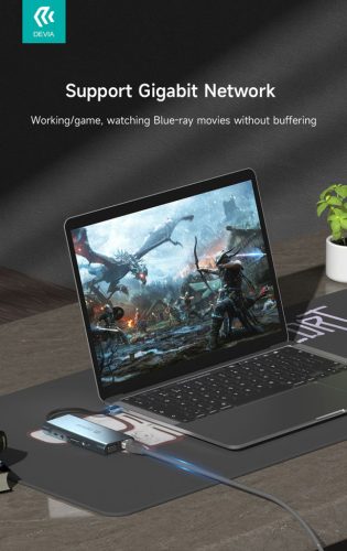 Devia Leopard 11in1 Hub - Type-C - 3xUSB/Type-C/PD/HDMI/VGA/RJ45/Card/Jack elosztó/adapter - szürke