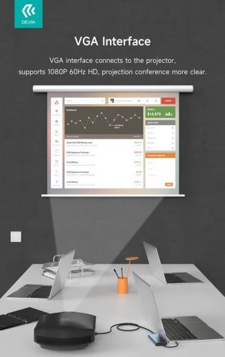 Devia Leopard 11in1 Hub - Type-C - 3xUSB/Type-C/PD/HDMI/VGA/RJ45/Card/Jack elosztó/adapter - szürke