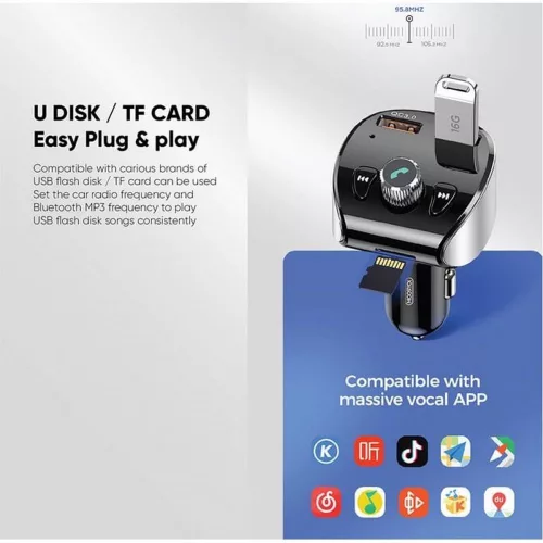 Joyroom Bluetooth FM-transmitter / szivargyújtó töltő - 2xUSB + MP3 +           TF-kártyaolvasó + PD/QC3.0 - Joyroom JR-CL02 - fekete