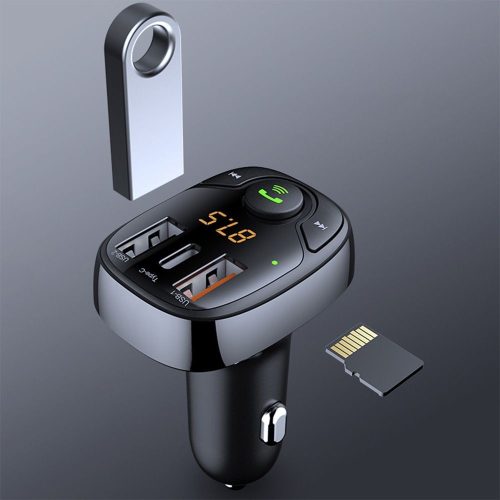 Rock Bluetooth FM-transmitter / szivargyújtó töltő - 2xUSB + MP3 + TF-kártyaolvasó + Type-C + PD/QC3.0 - Rock B301 - fekete