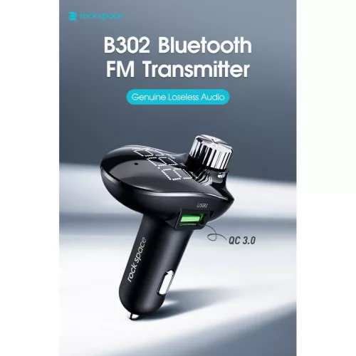 Rock Bluetooth FM-transmitter / szivargyújtó töltő - 2xUSB + MP3 +              TF-kártyaolvasó + AUX + PD/QC3.0 - Rock B302 - fekete