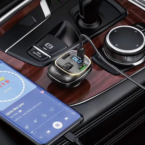 HOCO Bluetooth FM-transmitter/szivargyújtó töltő - 2xUSB + MP3 + PD45W +  QC 3.0- HOCO E76 - fekete