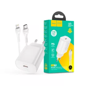   HOCO hálózati töltő adapter Type-C bemenettel + 1 m-es Type-C - Lightning kábel - 25W - HOCO N22 Charger Set PD + QC - fehér