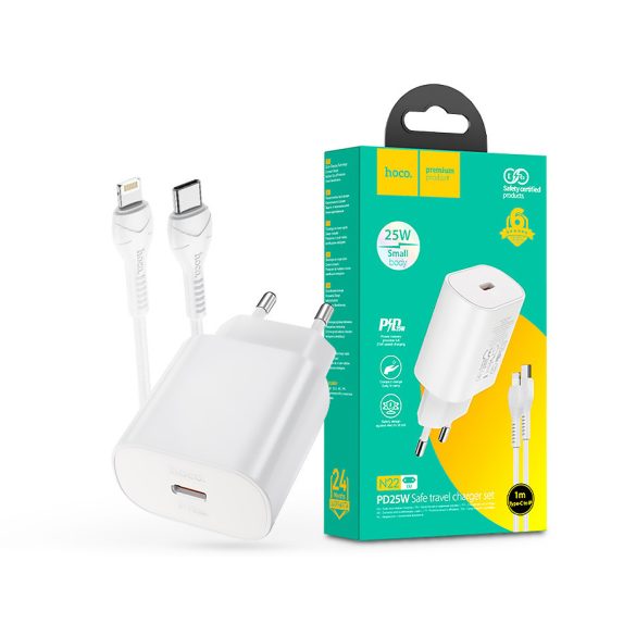 HOCO hálózati töltő adapter Type-C bemenettel + 1 m-es Type-C - Lightning kábel - 25W - HOCO N22 Charger Set PD + QC - fehér