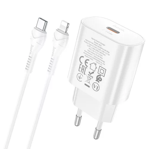 HOCO hálózati töltő adapter Type-C bemenettel + 1 m-es Type-C - Lightning kábel - 25W - HOCO N22 Charger Set PD + QC - fehér