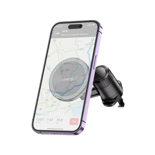 HOCO univerzális szellőzőrácsba illeszthető mágneses autós tartó 4,5-7 '' méretű készülékekhez, MagSafe gyűrűvel - HOCO H23 Air Outlet Car Holder - fekete/ezüst