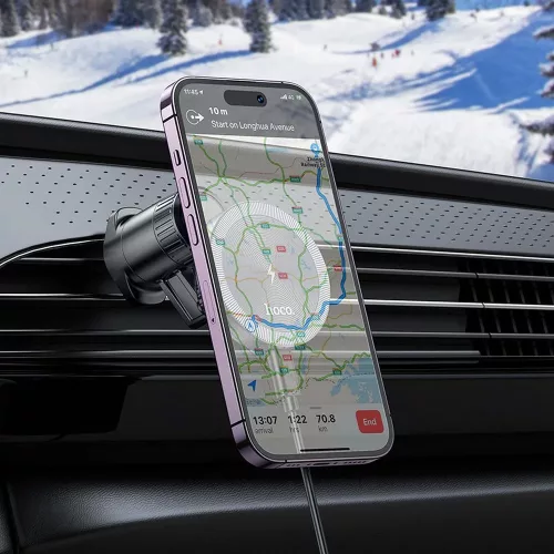 HOCO Qi vezeték nélküli, szellőzőrácsba illeszthető autós tartó/gyorstöltő      MagSafe funkcióval - HOCO HW6 Magnetic Car Holder - fekete
