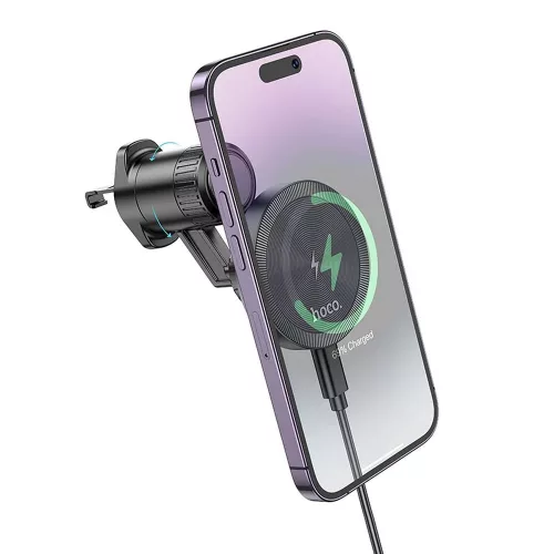 HOCO Qi vezeték nélküli, szellőzőrácsba illeszthető autós tartó/gyorstöltő      MagSafe funkcióval - HOCO HW6 Magnetic Car Holder - fekete
