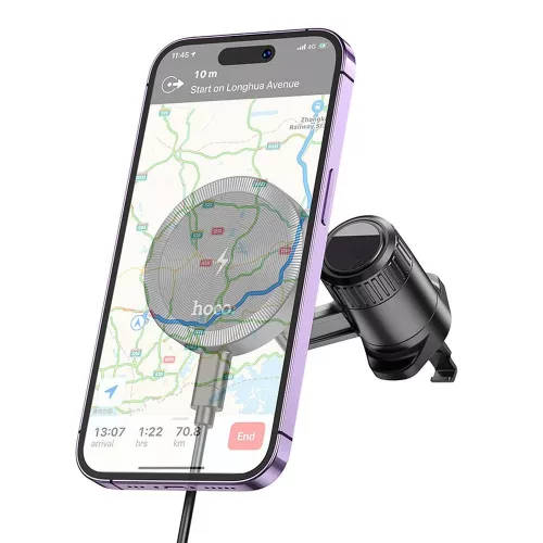 HOCO Qi vezeték nélküli, szellőzőrácsba illeszthető autós tartó/gyorstöltő      MagSafe funkcióval - HOCO HW6 Magnetic Car Holder - fekete