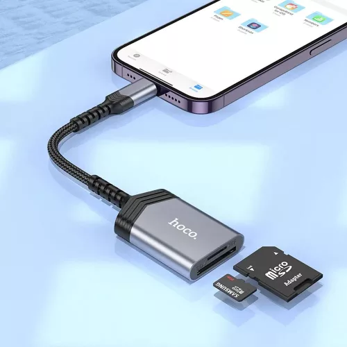 HOCO SD/microSD mermóriakártya-olvasó Lightning csatlakozóval - HOCO UA25 OTG Card Reader - fekete/szürke