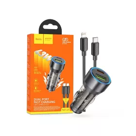   HOCO szivargyújtó töltő adapter USB-A + Type-C bemenettel + Type-C - Lightning kábel - 43W - HOCO NZ12A Dual Port Fast Charging Set - fekete