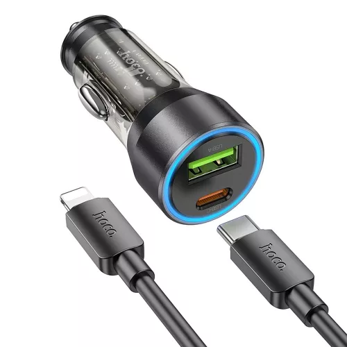HOCO szivargyújtó töltő adapter USB-A + Type-C bemenettel + Type-C - Lightning kábel - 43W - HOCO NZ12A Dual Port Fast Charging Set - fekete
