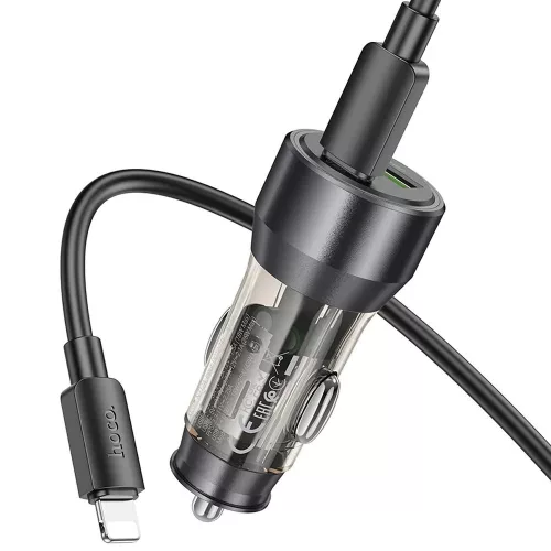 HOCO szivargyújtó töltő adapter USB-A + Type-C bemenettel + Type-C - Lightning kábel - 43W - HOCO NZ12A Dual Port Fast Charging Set - fekete