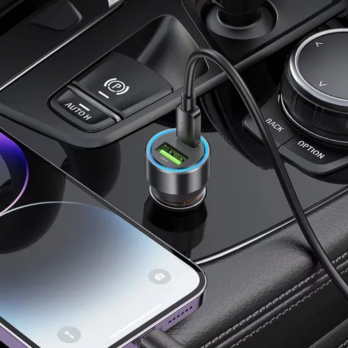HOCO szivargyújtó töltő adapter USB-A + Type-C bemenettel + Type-C - Lightning kábel - 43W - HOCO NZ12A Dual Port Fast Charging Set - fekete