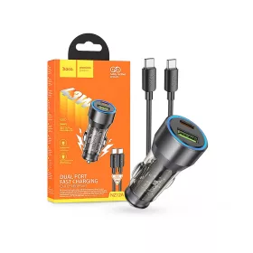   HOCO szivargyújtó töltő adapter USB-A + Type-C bemenettel + Type-C - Type-C kábel - 43W - HOCO NZ12A Dual Port Fast Charging Set - fekete