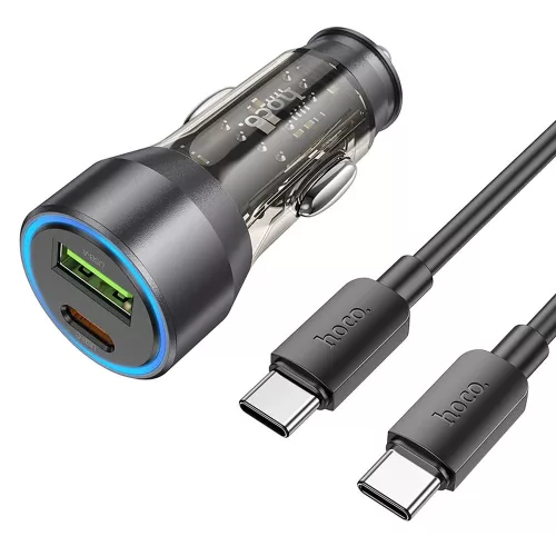 HOCO szivargyújtó töltő adapter USB-A + Type-C bemenettel + Type-C - Type-C kábel - 43W - HOCO NZ12A Dual Port Fast Charging Set - fekete