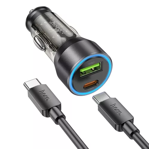HOCO szivargyújtó töltő adapter USB-A + Type-C bemenettel + Type-C - Type-C kábel - 43W - HOCO NZ12A Dual Port Fast Charging Set - fekete