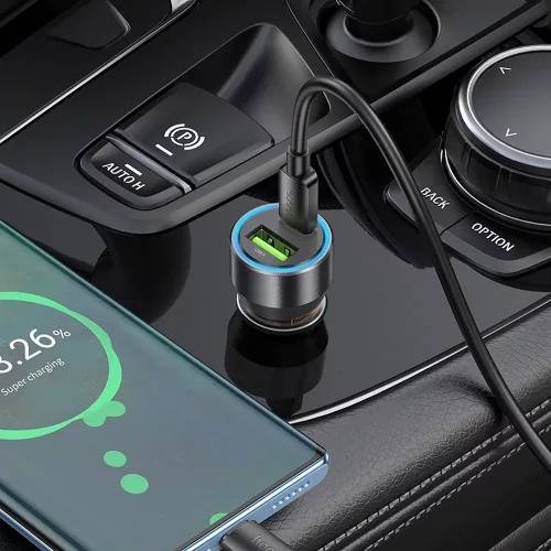 HOCO szivargyújtó töltő adapter USB-A + Type-C bemenettel + Type-C - Type-C kábel - 43W - HOCO NZ12A Dual Port Fast Charging Set - fekete