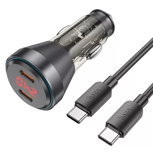 HOCO szivargyújtó töltő adapter 2xType-C bemenettel + Type-C - Type-C kábel - 60W - HOCO NZ12C Dual Port Fast Charging Set - fekete
