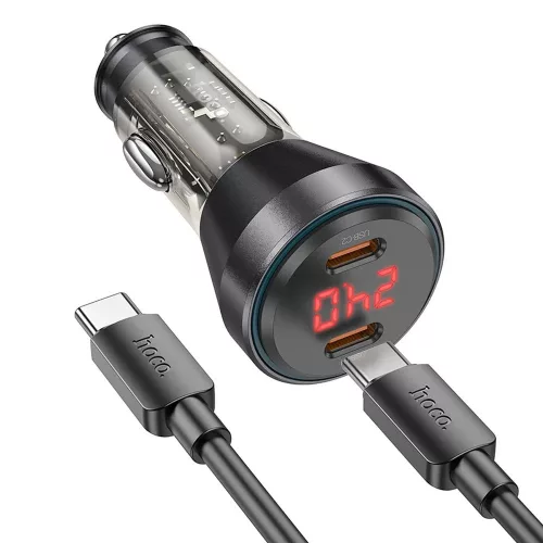 HOCO szivargyújtó töltő adapter 2xType-C bemenettel + Type-C - Type-C kábel - 60W - HOCO NZ12C Dual Port Fast Charging Set - fekete
