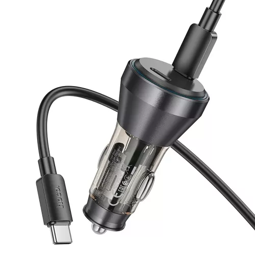 HOCO szivargyújtó töltő adapter 2xType-C bemenettel + Type-C - Type-C kábel - 60W - HOCO NZ12C Dual Port Fast Charging Set - fekete