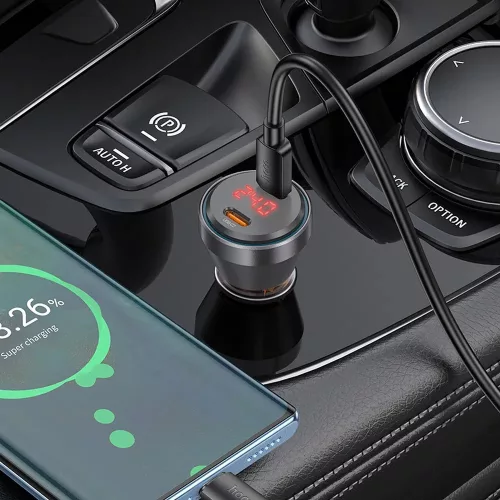 HOCO szivargyújtó töltő adapter 2xType-C bemenettel + Type-C - Type-C kábel - 60W - HOCO NZ12C Dual Port Fast Charging Set - fekete