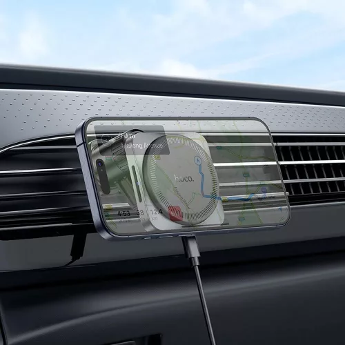 HOCO szellőzőrácsba illeszthető vezeték nélküli mágneses autós tartó/gyorstöltő MagSafe funkcióval - 15 W - HOCO HW15 Wireless Fast Charge Car Holder - fekete