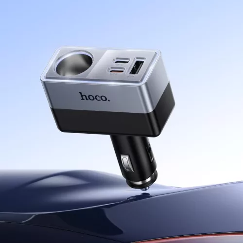 HOCO Z65A 165W/24V PD QC3.0 2xUSB-C+USB-A autós töltő adapter+ autós aljzattal - fekete/ezüst