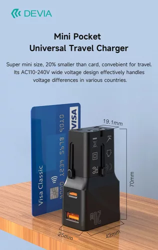 Devia többfunkciós globális hálózati töltő utazó adapter (CN/JP/US/EU/UK/AU) - Devia Global Multi-Function 20W PD + QC Mini Charger - fekete