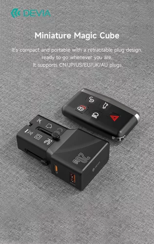 Devia többfunkciós globális hálózati töltő utazó adapter (CN/JP/US/EU/UK/AU) - Devia Global Multi-Function 20W PD + QC Mini Charger - fekete