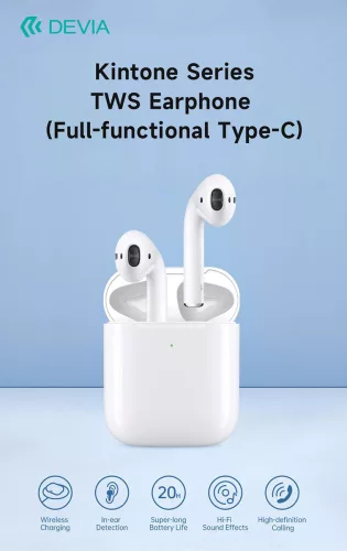 Devia TWS Bluetooth sztereó headset v5.3 + töltőtok - Devia Kintone Series TWS Earphone Full-Functional Type-C - fehér
