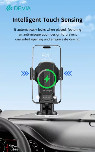 Devia műszerfalra / szélvédőre helyezhető vezeték nélküli autóstöltő/tartó - Devia Smart Series Inductive Wireless Vehicle Bracket - 15W - Qi szabványos - fekete