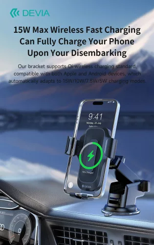 Devia műszerfalra / szélvédőre helyezhető vezeték nélküli autóstöltő/tartó - Devia Smart Series Inductive Wireless Vehicle Bracket - 15W - Qi szabványos - fekete