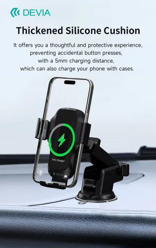 Devia műszerfalra / szélvédőre helyezhető vezeték nélküli autóstöltő/tartó - Devia Smart Series Inductive Wireless Vehicle Bracket - 15W - Qi szabványos - fekete