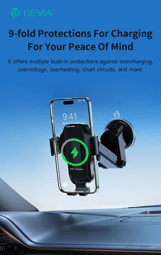 Devia műszerfalra / szélvédőre helyezhető vezeték nélküli autóstöltő/tartó - Devia Smart Series Inductive Wireless Vehicle Bracket - 15W - Qi szabványos - fekete
