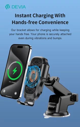 Devia műszerfalra / szélvédőre helyezhető vezeték nélküli autóstöltő/tartó - Devia Smart Series Inductive Wireless Vehicle Bracket - 15W - Qi szabványos - fekete