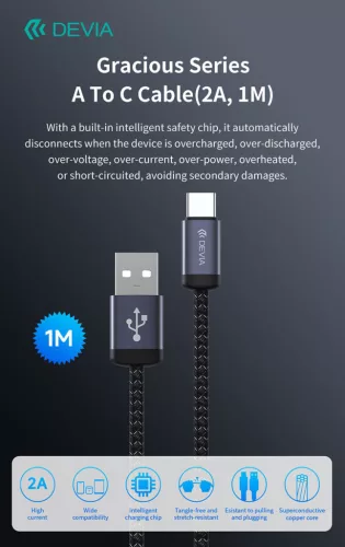 Devia Gracious Series 10W USB/Type-C adat-és töltőkábel 1m - fekete