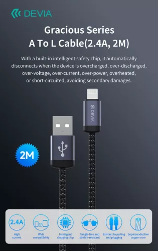 Devia Gracious Series v2 12W USB/Lightning adat-és töltőkábel 2m - fekete