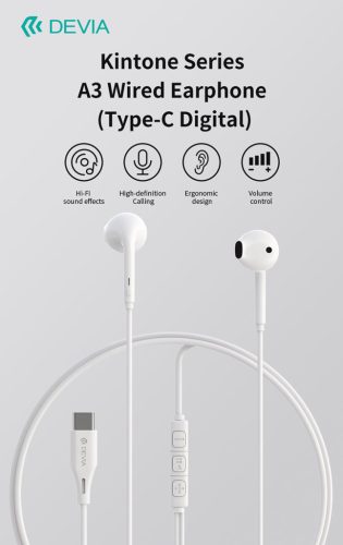 Devia Kintone Series A3 sztereó fülhallgató Type-C - fehér