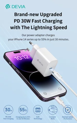 Devia Smart Series 30W GaN PD+QC hálózati gyorstöltő adapter + Type-C/Lightning kábel - fehér