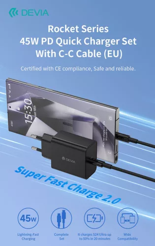 Devia Rocket Series 45W PD+QC gyorstöltő adapter + Type-C/Type-C kábel - fekete
