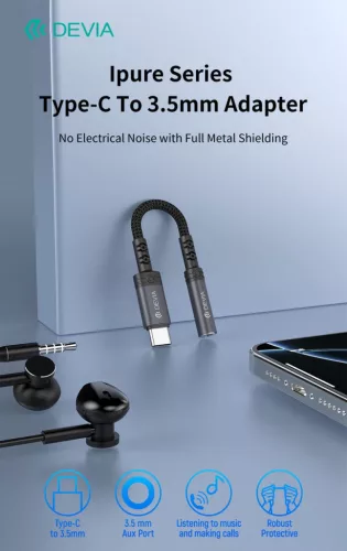 Devia Ipure Series Type-C/AUX 3,5 mm audió adapter - fekete