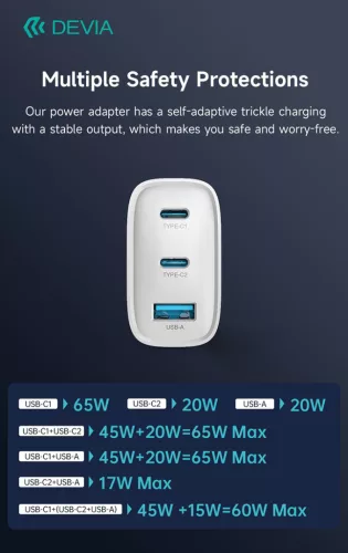 Devia Extreme Speed Series 65W GaN PD gyorstöltő adapter USB+2xType-C - fehér