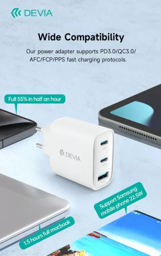 Devia Extreme Speed Series 65W GaN PD gyorstöltő adapter USB+2xType-C - fehér