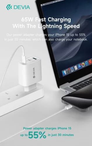 Devia Extreme Speed Series 65W GaN PD gyorstöltő adapter USB+2xType-C - fehér