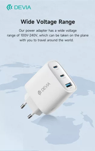 Devia Extreme Speed Series 65W GaN PD gyorstöltő adapter USB+2xType-C - fehér