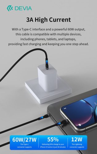 Devia Extreme Speed Series 60W+12W Type-C/Type-C + Lightning adat- és töltőkábel 1.2m - fekete