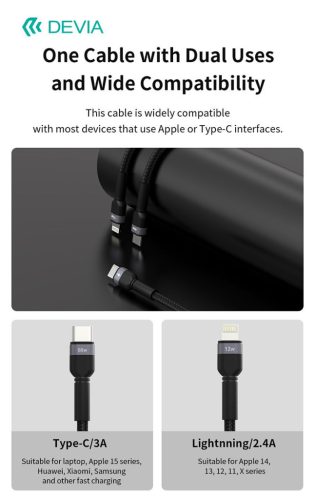Devia Extreme Speed Series 60W+12W Type-C/Type-C + Lightning adat- és töltőkábel 1.2m - fekete