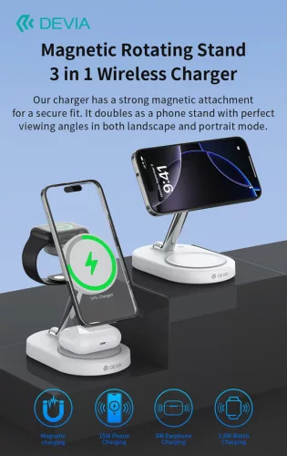 Devia Extreme Speed Series 15W Qi 3 In 1 vezeték nélküli töltő Smartphone/iWatch/Airpods - fehér